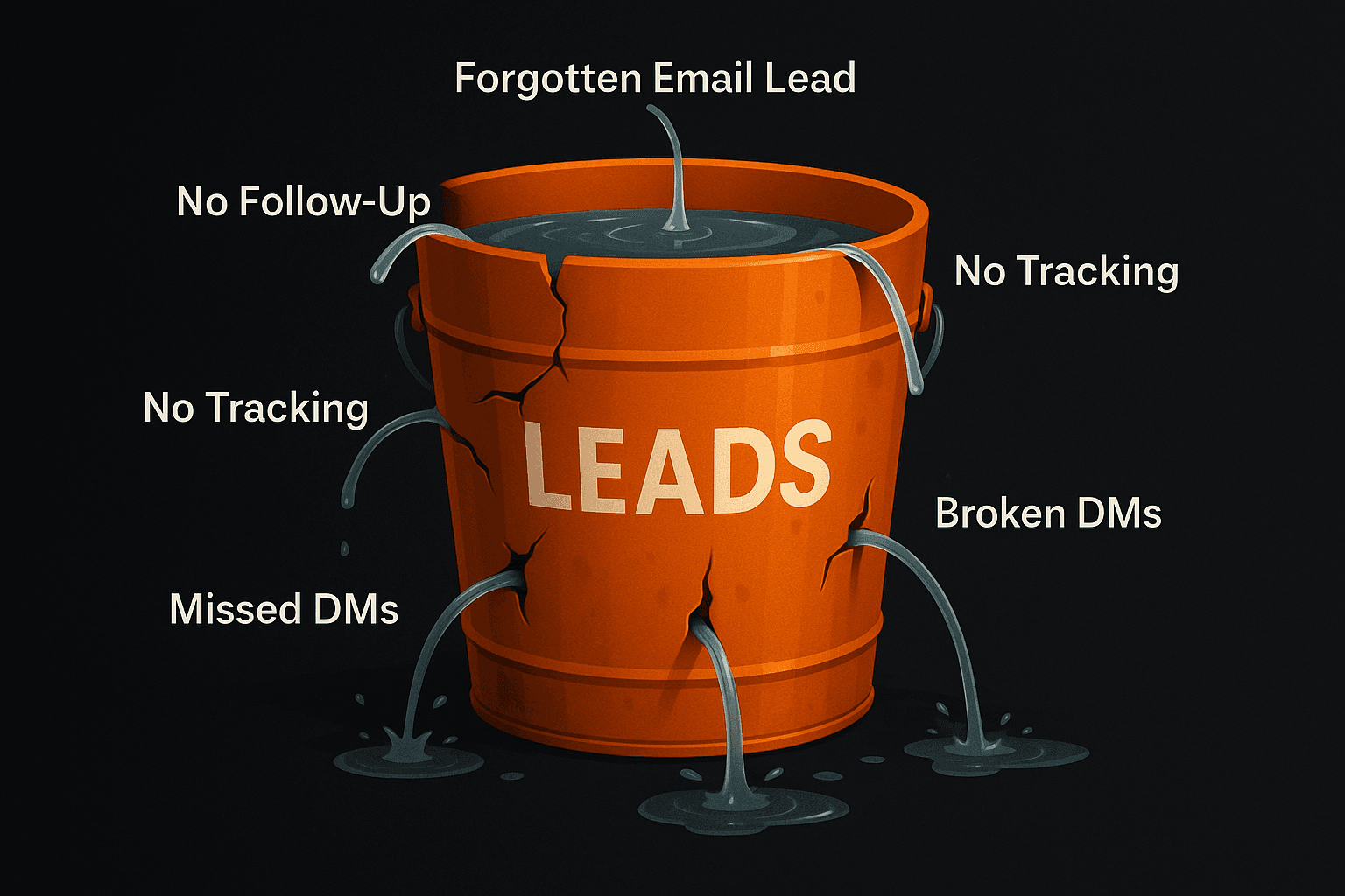 Illustration of an orange bucket labeled ‘Leads’ leaking due to missed DMs, no follow-up, broken automations, and forgotten emails.